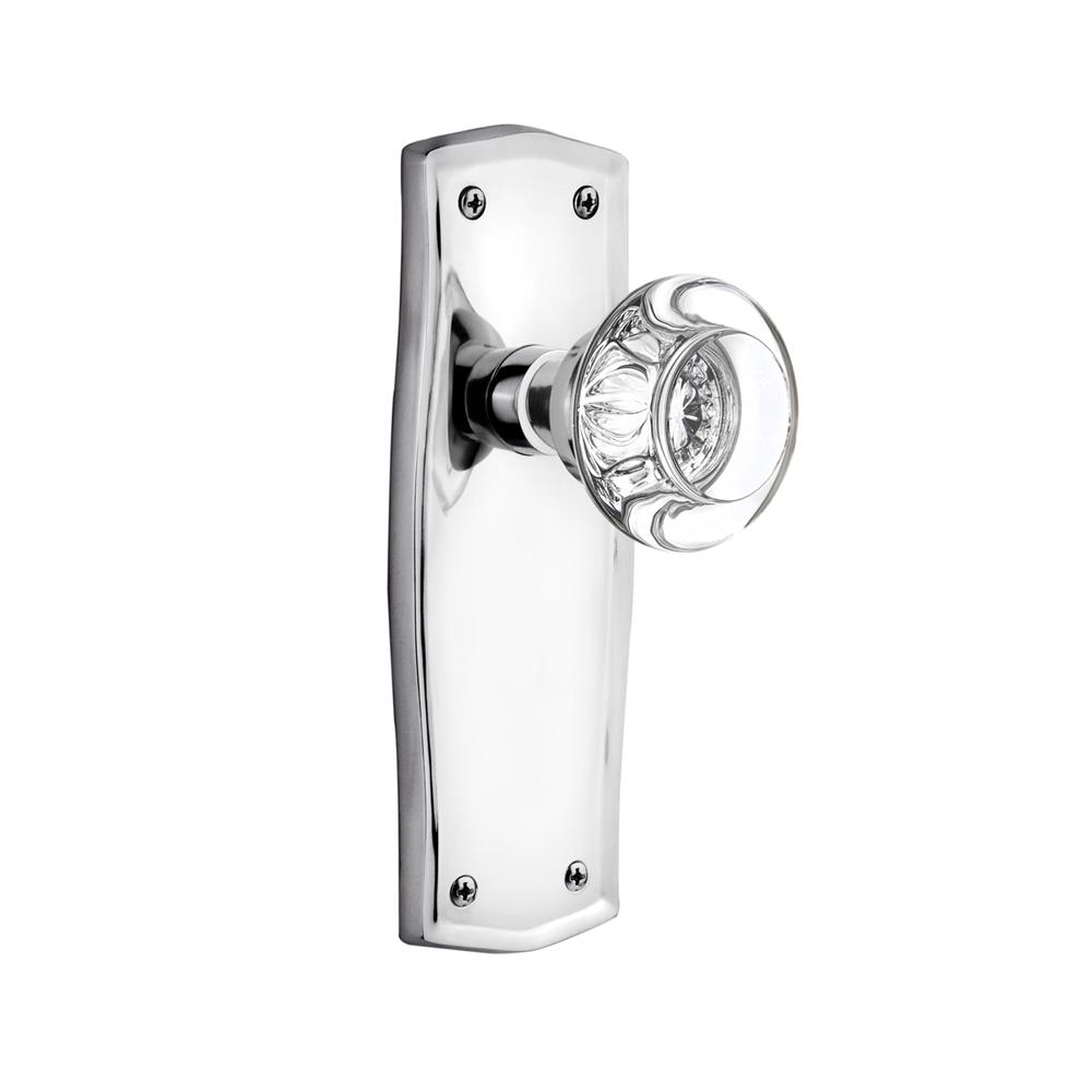Nostalgic Warehouse PRARCC Complete Passage Set Without Keyhole Prairie Plate with Round Clear Crystal Knob in Bright Chrome